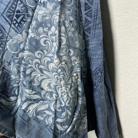 Vocal Womens Blue Embellished Tunic Shirt Top Size XL Made in USA Y2K Boho Siren - Picture 7 of 12